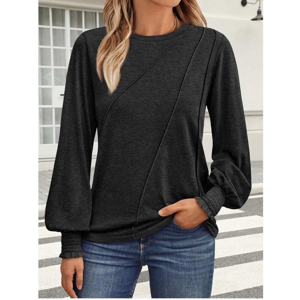 Automet Womens Charcoal Grey Pintuck Lantern Sleeve Smocked Cuff Top SU00219 S